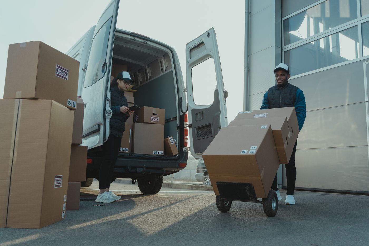 Crew loading boxes into an enclosed cargo van for protected transport